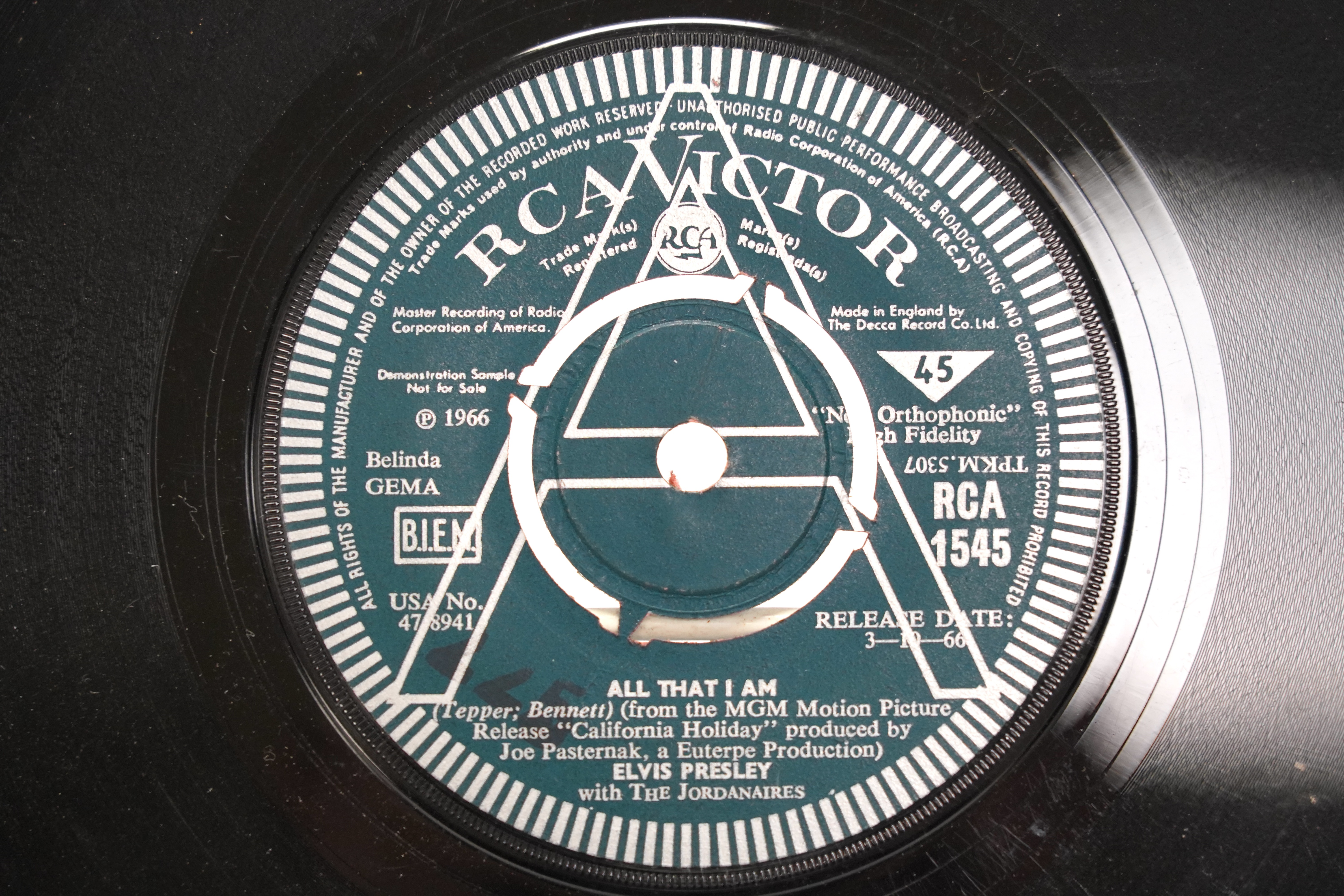 Four Elvis Presley original RCA Victor Demonstration Record 7” singles; All That I Am/Spinout (release date 13-10-66), Such A Night/Never Ending (release date 14-8-64), Guitar Man/Hi Heel Sneakers (release date 16-2-68),